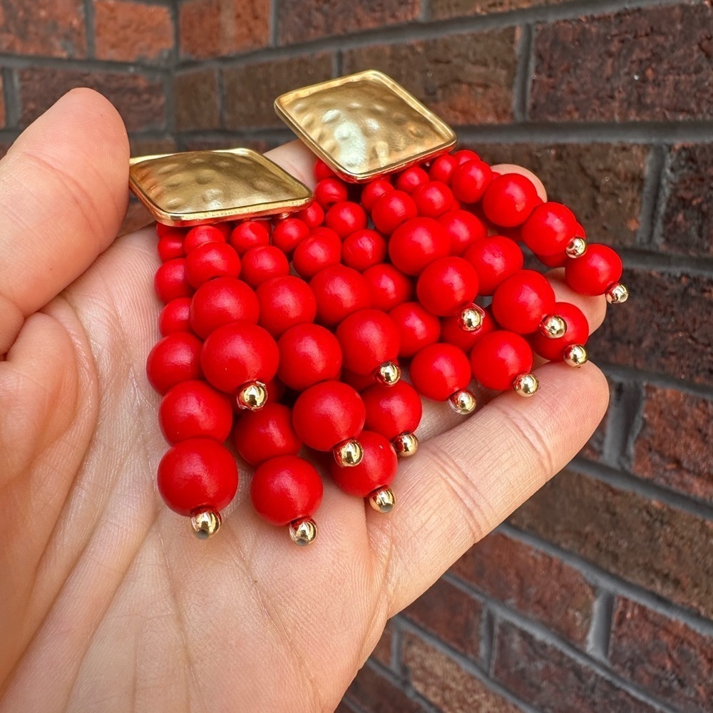 Red Cascade Beaded Earrings - Picture 4 of 5